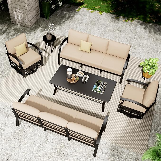Aluminum Patio Furniture Set with Coffee Table,8 Seats Metal Modern Outdoor Furniture w/5.1" Thick Cushions,Patio Sectional w/Swivel Chairs for Patio,Backyard,Sand