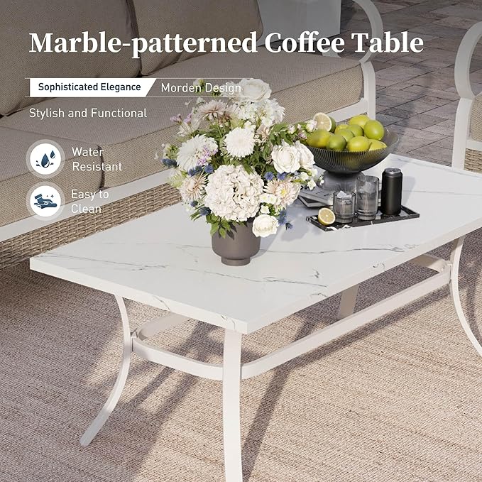 4 Piece Metal Outdoor Patio Furniture Set, Patio Conversation Sets 1 3-seater Sofa, 2 Single Sofa with 5.75" Extra Thick Cushion and Coffee Table, White Frame Backyard Furniture, Beige