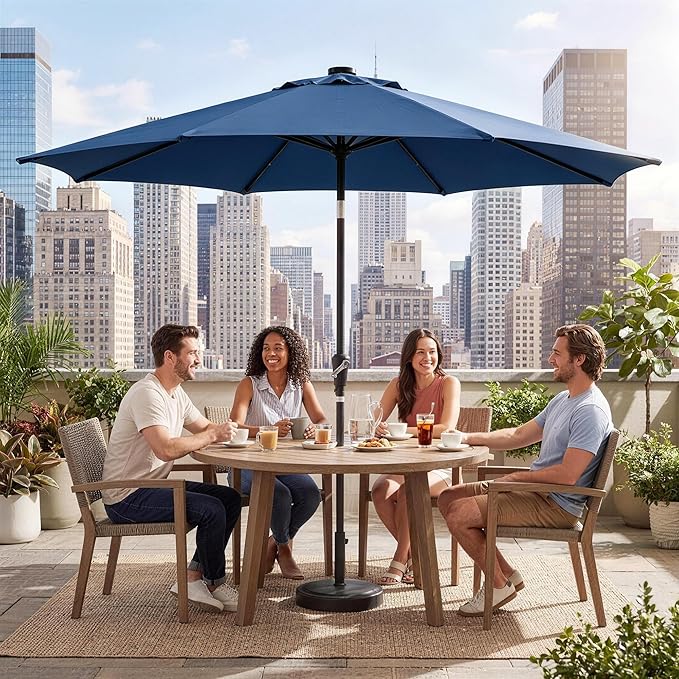 Garvee 10FT Patio Umbrella with 32 Solar LED Lights, Outdoor Table Market Umbrella with Tilt and Crank, 8 Sturdy Iron Ribs Sun Shade for Garden, Deck, Backyard and Pool, Navy Blue