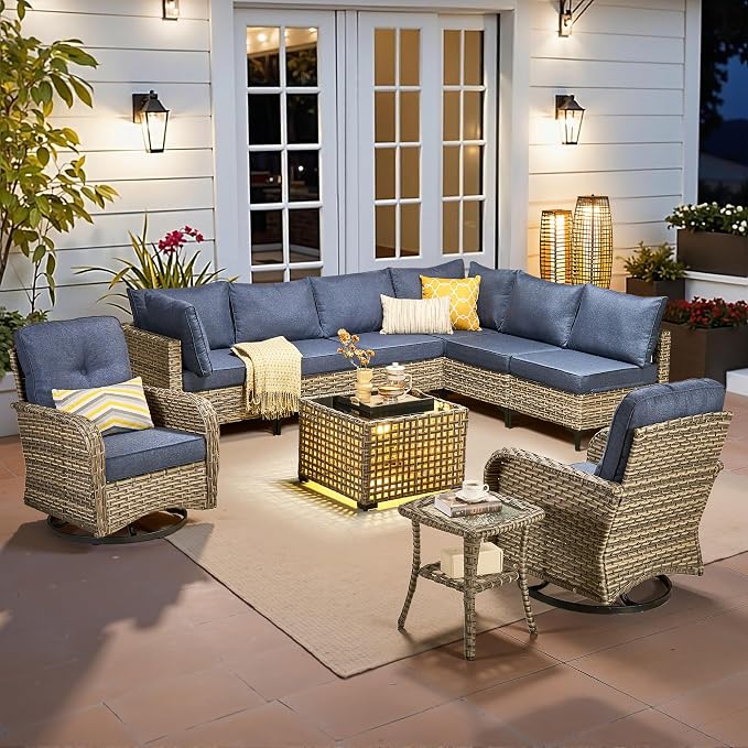 CAODOC Outdoor Sectional Patio Furniture Set,10 Pieces Wicker Conversation Sets L Shaped Couch,Out Door Sofa Outside Furniture with Swivel Chairs,Light Blue
