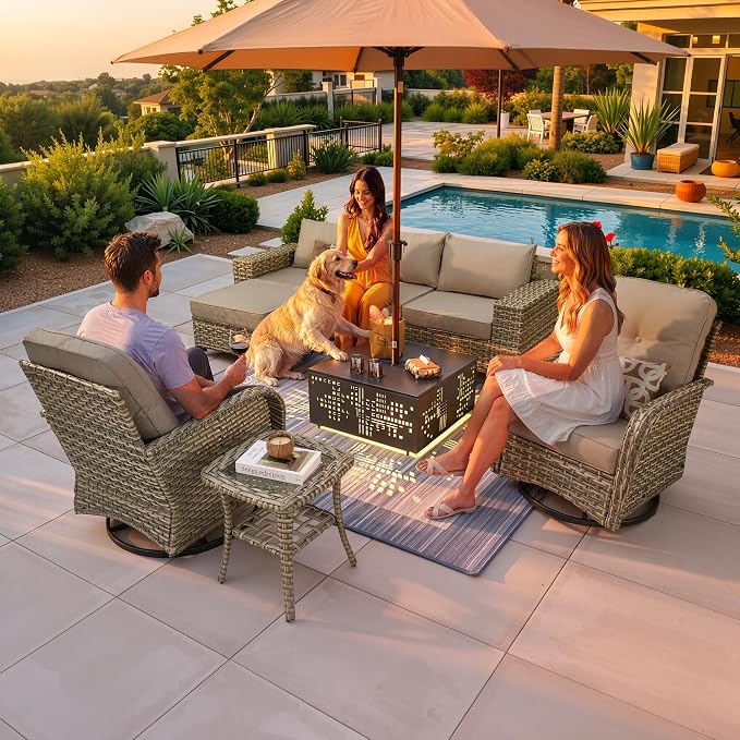 CAODOC 8-Piece Patio Furniture Set with L-Shape Sofa Chaise, Outdoor Sectional Couch Solar Table, Modern Modular Wicker Rattan Conversation Set
