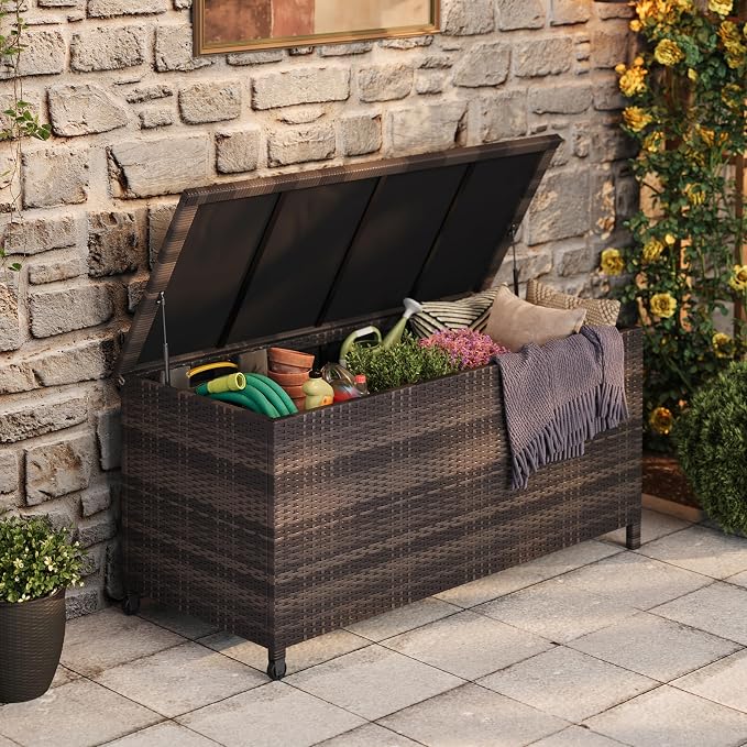 Litake Large 125 Gallon Outdoor Deck Storage Box with Wheels & Handles – Heavy Duty Waterproof PE Rattan Chest – Weatherproof Patio, Garden, Poolside Organizer –Brown