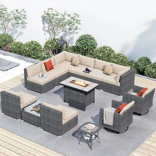HOOOWOOO 13 Piece Patio Sectional Furniture Set with Fire Pit Table,Modern Wicker Outdoor Conversation Sofa Sets,All Weather Modular L Shaped Outside Couch Swivel Chair(Beige Sand)