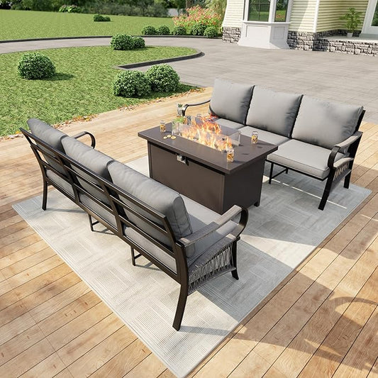 3 Pieces Patio Conversation Sets, All Weather Metal Outdoor Furniture Set 2 Three-Seater Sofas with Fire Pit Table for Backyard Garden Deck Porch Poolside, Gray