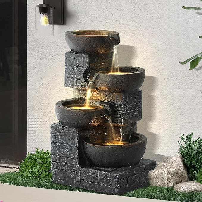 Outdoor Water Fountains with Cascading Bowls, 4-Tiers Fountains and Waterfalls w/LED Lights,Indoor Morden Floor Standing Resin Water Feature for Garden Patio Backyard Home Decor (Grey & Brown)