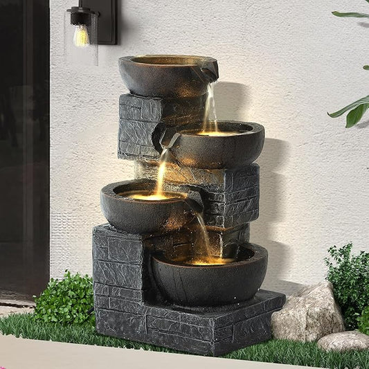 Outdoor Water Fountains with Cascading Bowls, 4-Tiers Fountains and Waterfalls w/LED Lights,Indoor Morden Floor Standing Resin Water Feature for Garden Patio Backyard Home Decor (Grey & Brown)