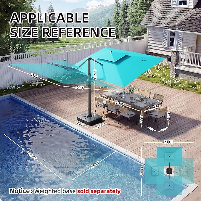 10 X 13 FT Cantilever Patio Umbrella with Led Lights Heavy Duty Windproof Double Top Large Rectangle Offset Umbrellas with 360-degree Rotation for Garden Pool Deck Backyard, Turquoise