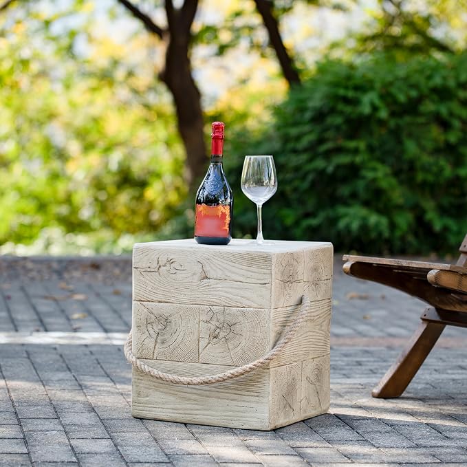 Outdoor Side Table, Small Patio End Table with Faux Wood Grain & Braided Rope Accent, MGO Weatherproof Indoor Outdoor Accent Table for Porch Balcony Garden, No Assembly, 14.8 Inch Square