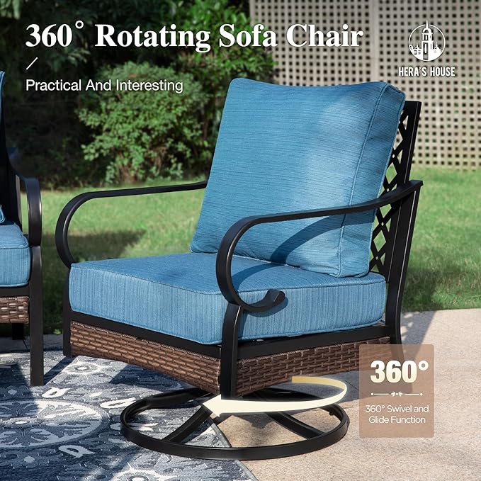 HERA'S HOUSE 5 Piece Metal Patio Furniture Set, 7 Seats All Weather Outdoor Conversation Set, 3 Seat Sofa with Loveseat, 2 Swivel Chairs, Coffee Table for Backyard, Garden, Deck, Pacific Blue