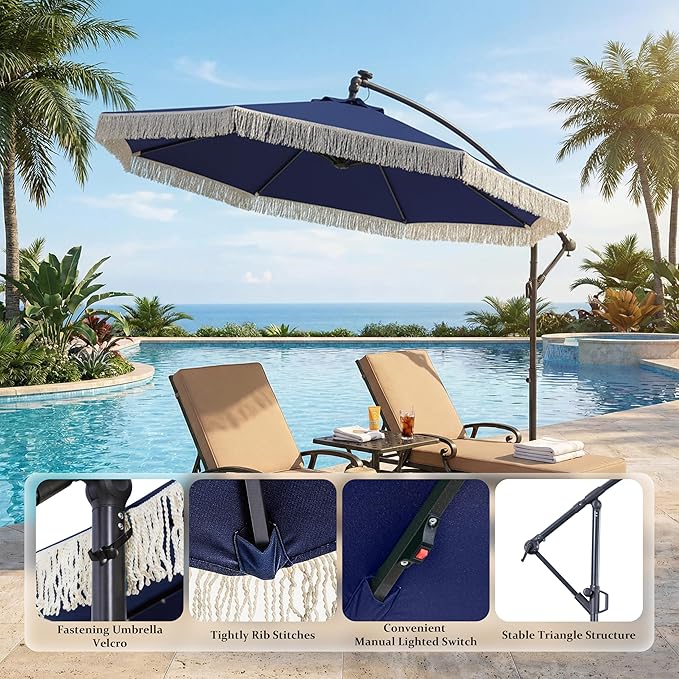 MONDAWE 10FT Cantilever Patio Umbrella with Tassels, 360° Rotation Offset Outdoor Umbrella, Heavy Duty Backyard Shade Umbrella with 180G Fabric for Patio Garden Deck