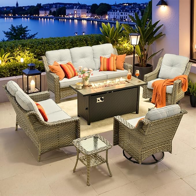 6 PCS Outdoor Patio Furniture Sets,Patio Conversation Sets Outside Rattan Soft Cushion Sofa with 2 Wicker Rocking Chairs & 54 in Fire Pit Table Fit Backyard Porch Garden Poolside Balcony,Light Grey