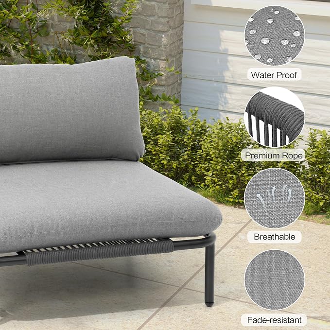 Ourdoor Furniture Set, Patio Furniture Oversized Metal Single Sofa, 6-seat Conversation Set with Cushion for Indoor and Outdoor, Black Frame and Dark Grey Mat (6 Seats 6 Armrests)
