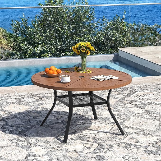 DIFY 5 Piece Outdoor Dining Set, Metal Patio Table and Chairs Set, 40.6" Walnut Round Dining Table & 4 Brown Padded Textilene Swivel Patio Chairs, Outdoor Furniture Set for Garden Backyard Porch