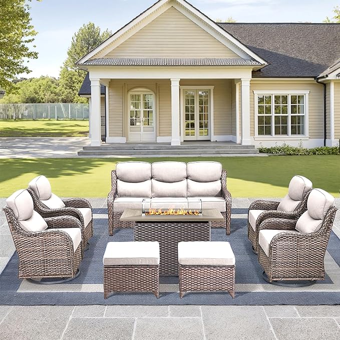Luxury High Back Outdoor Furniture 6-Inch Thick Cushions with 50,000 BTU Gas Propane Fire Pit Tablet, Patio Furniture Set with Swivel Chairs, 8 PCS for Porch, Balcony, Deck and Yard