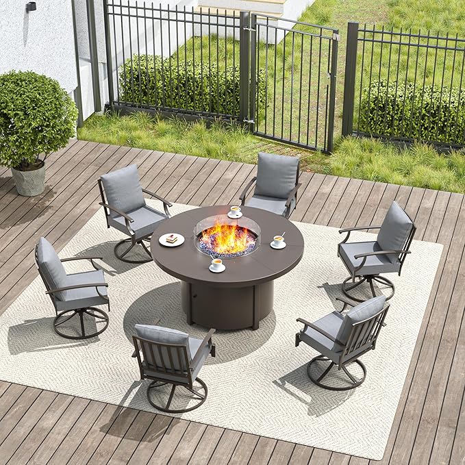 7 Pieces Outdoor Patio Furniture Set with 48" Round Propane Fire Pit Table,Patio Dining Set Outdoor Conversation Sets 6 Swivel Chairs for Deck,Backyard and Garden,Grey