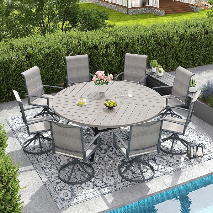 DIFY 9 Piece Outdoor Dining Set, Metal Patio Table and Chairs Set, 63" Grey Wood-Like Round Dining Table & 8 Grey Padded Textilene Swivel Patio Chairs, Outdoor Furniture Set for Garden Backyard