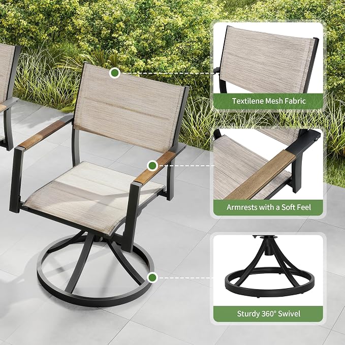 Patio Swivel Chairs Set of 2, Outdoor Swivel Rocker Dining Chair, Outdoor Dining Chair, All Weather Patio Chair with Textilene & Aluminium Frame for Outdoor Poolside Lawn, Brown Armrest