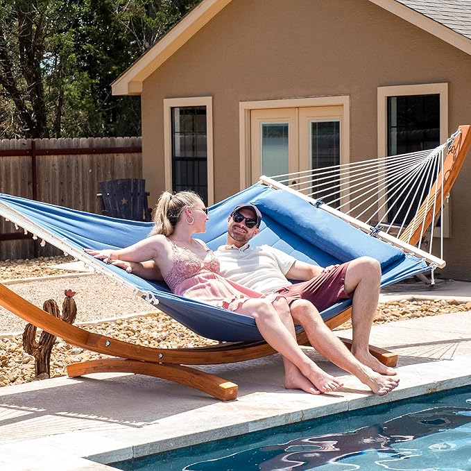 SUNCREAT Hammocks Double Hammock with 13.5 ft Wooden Stand Included, Outdoor Hammocks for Outside, 475 lbs Capacity, Navy