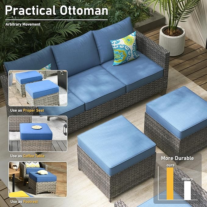 HOOOWOOO Wicker Patio Conversation Sets,6 Piece Outdoor Furniture Set with Swivel Rocking Chairs,All Weather Resistant Modern Outside Out Door Rattan Couch Chairs Side Table Set,Denim Blue