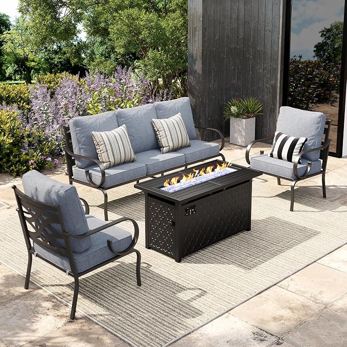 Sophia & William Patio Conversation Set for 5, 3-Seater Sofa, 2 Fixed Chairs and a 45" Fire Pit Table, Metal Outdoor Furniture with 5.75" Extra Thick Cushions, Grey