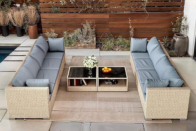 10-Piece Wicker Patio Furniture Set, Outdoor Conversation Set Sectional Sofa with Water Resistant Thick Cushions and Coffee Table, Grey