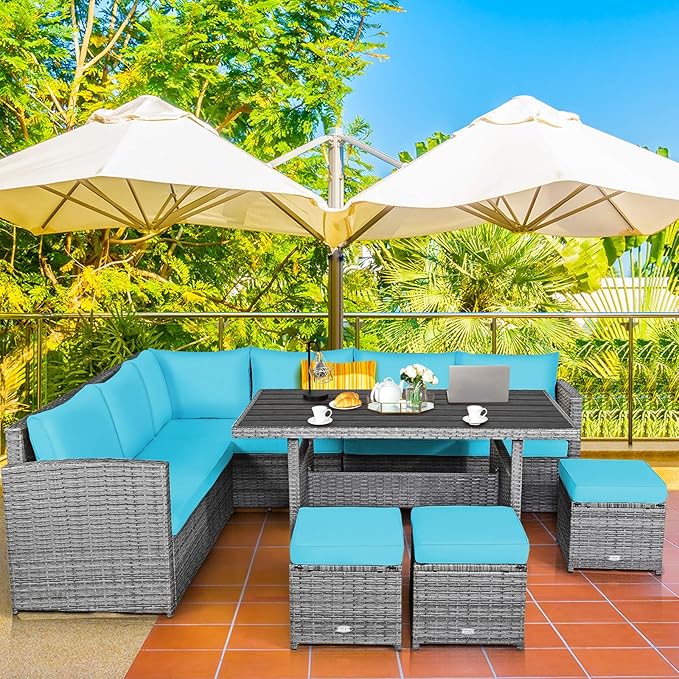 Tangkula 7 Pieces Patio Furniture Set, Outdoor Sectional Rattan Sofa Set with Cushions, All Weather Wicker Conversation Couch Set w/Dining Table & Ottomans for Backyard Garden Poolside (Turquoise)