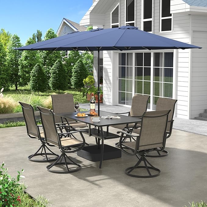 VICLLAX 8 Pieces Patio Dining Set with Patio Umbrella, 6 Patio Swivel Chairs and Metal Patio Table with 15ft Blue Outdoor Umbrella for Backyard, Mixed Brown Chairs & Black Tabletop