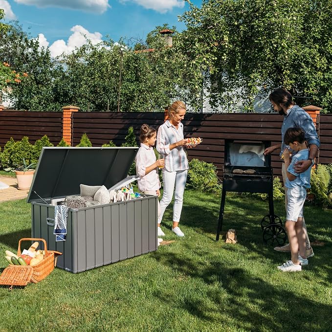 Domi Deck Box 200 Gallon, Waterproof Lockable Steel Outdoor Storage Container for Outside Cushions, Garden Tools and Pools Equipment(Gray)