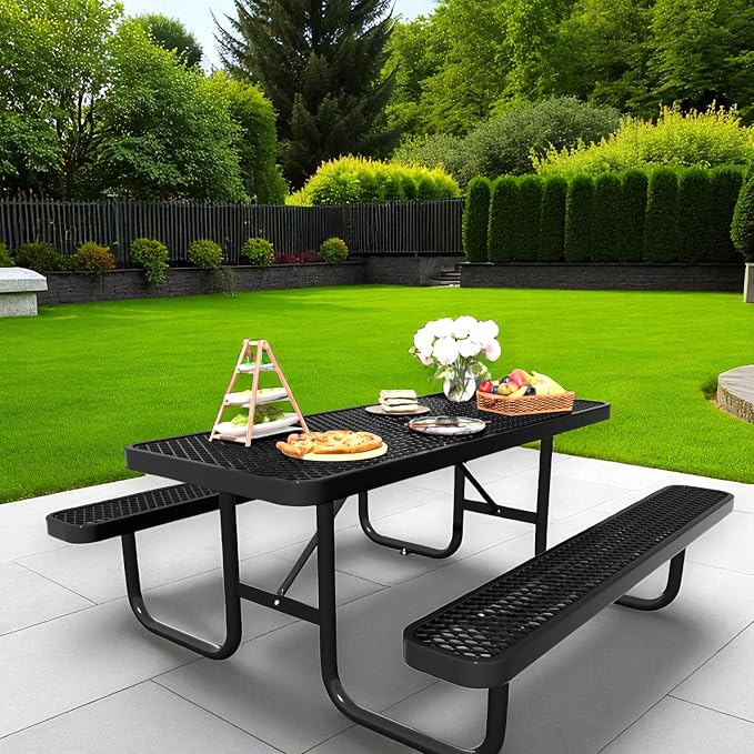6FT Rectangular Steel Outdoor Picnic Table,Commercial Black Picnic Table Bench Set with Umbrella Hole, Weather-Resistant Heavy Duty School Dining Table for Patio, Garden, Backyard