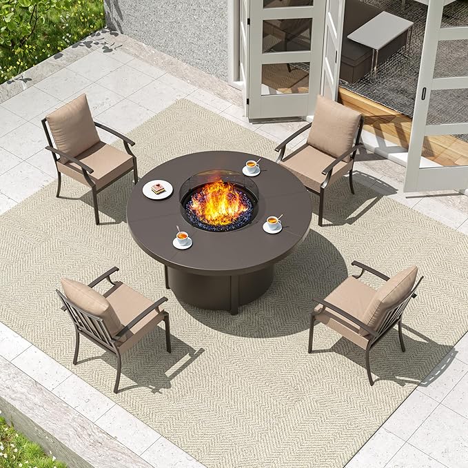 5 Pieces Outdoor Patio Furniture Set with 48" Round Propane Fire Pit Table,Patio Dining Set Outdoor Conversation Sets 4 Chairs for Deck,Backyard and Garden,Brown