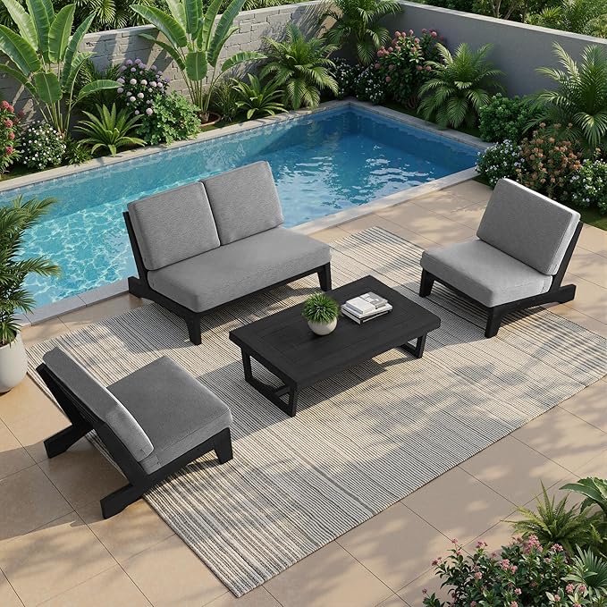 UIXE 5 Pieces All Weather Black Wood Patio Furniture Sets, 2 Patio Loveseat, 2 Patio Bistro Chair, Outdoor Sectional Sofa Furniture Backyard Conversation Set with Coffee Table - Gray