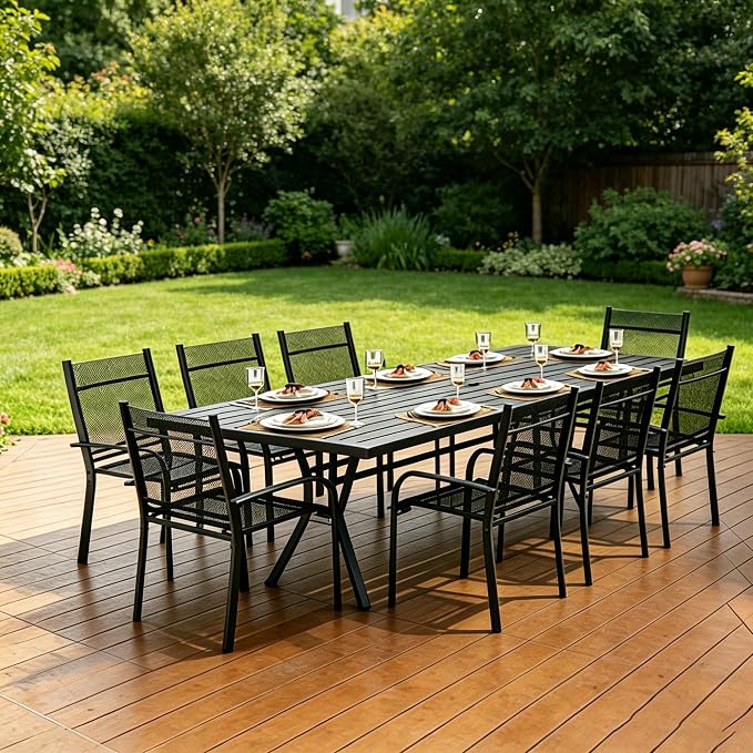 Trevero 9 Pieces Outdoor Dining Table 76"x36"+ 8 Patio Dining Chair Set for 8 People, Rectangle Patio Dining Table and Chairs with Stable Metal Frame for Garden, Backyard, Umbrella Hole Design