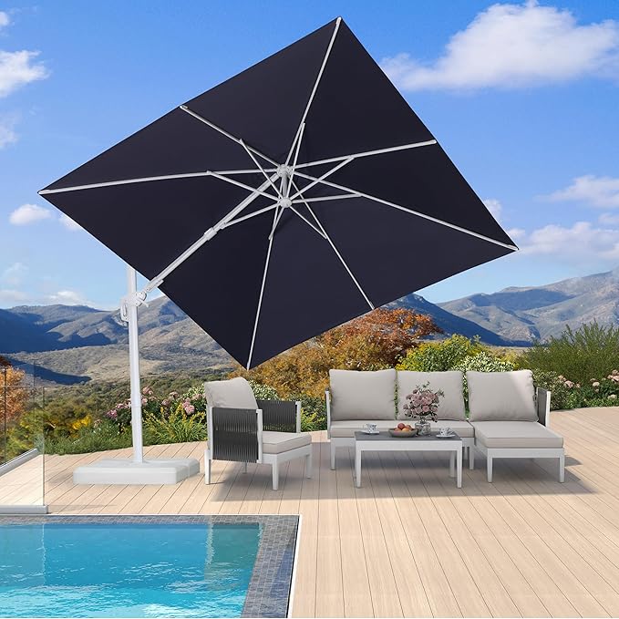 PURPLE LEAF 9' X 12' Right-left Tilt Patio Umbrella Swivel White Cantilever Umbrella with Tilt Aluminum Outdoor Umbrella with 360° Rotation for Deck Pool Garden, Navy Blue