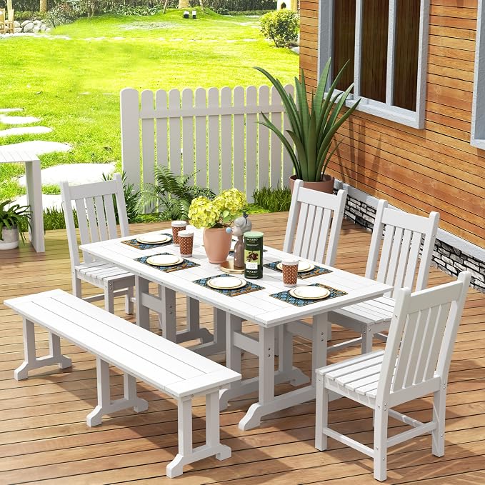WestinTrends Malibu 6 Piece Outdoor Dining Set with Bench, All Weather Poly Lumber Patio Table and Chairs Set, 71" Trestle Dining Table with Umbrella Hole, 5 Patio Chairs with Bench, White
