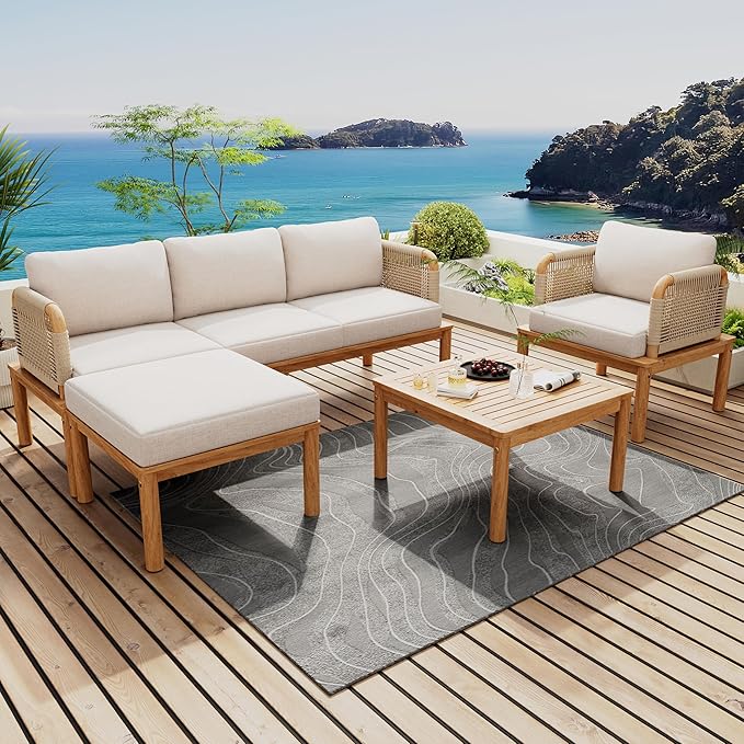 Merax Outdoor 4-Piece Acacia Wood & Rope Patio Sofa Set with Ottoman, Table & Club Chair, Water-Repellent Cushions for Garden & Patio