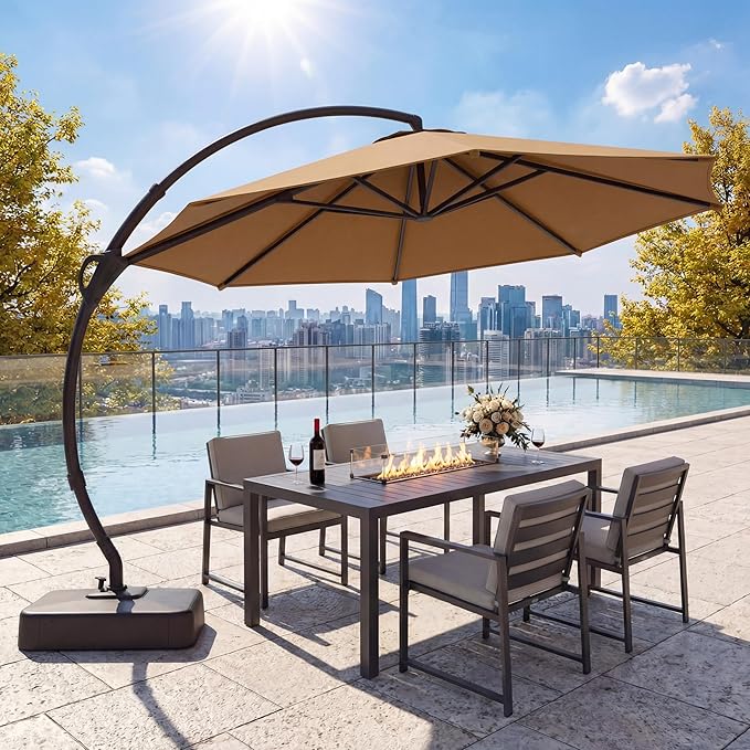 LAUSAINT HOME 11ft Patio Cantilever Umbrella with Base Included, Outdoor Curvy Round Offset Umbrella, Heavy Duty Aluminum, 360° Rotation for Pool, Deck, Lawn, Backyard (Tan)
