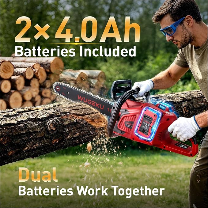 40V 16 Inch Cordless Chainsaw, 69ft/s, Brushless Electric Chain Saw, 2×4.0Ah Batteries & Charger, Auto Oiler, Safety Lock, Gloves & Goggles, Limb Pruning/Yard Cleanup/Firewood Cutting