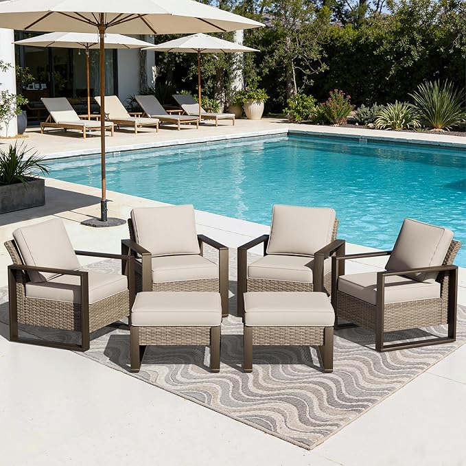 Joyside Outdoor Patio Chairs, 6 Pieces Wicker Rattan Furniture Set, 4 Patio Chairs and 2 Ottoman, Metal Wide Armrest, Thick Cushions and Deep Seating for Garden, Backyard, Porch, Deck