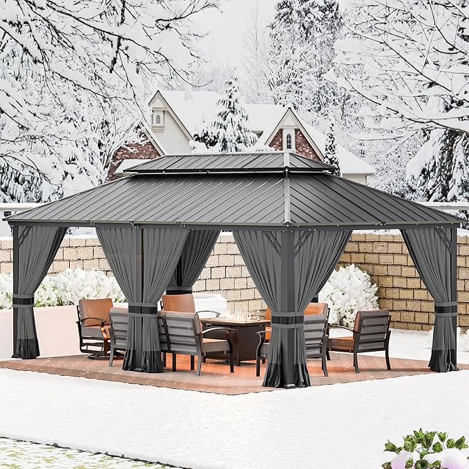 12' x 20' Hardtop Gazebo,Outdoor Permanent Pavilion Double Galvanized Steel Roof Pergola with Nettings and Curtains,Patio Sunshade Gazebos for Patio Lawns Backyard Deck,Grey