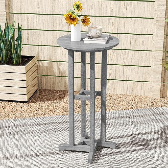 Tangkula 21.5" Round Bar Table, Patio HDPE Bar Height Dining Table w/Slatted Tabletop, Outdoor All-Weather High-Top Bistro Table for Poolside, Backyard, Balcony (Grey)