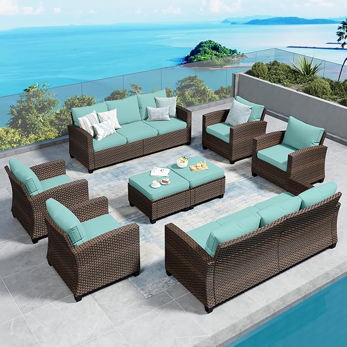 Patio Furniture Set Outdoor Furniture Brown Wicker Rattan Patio Conversation Sets with Cushion Outside Sofa Set,8 Pieces 12 Seats,Blue