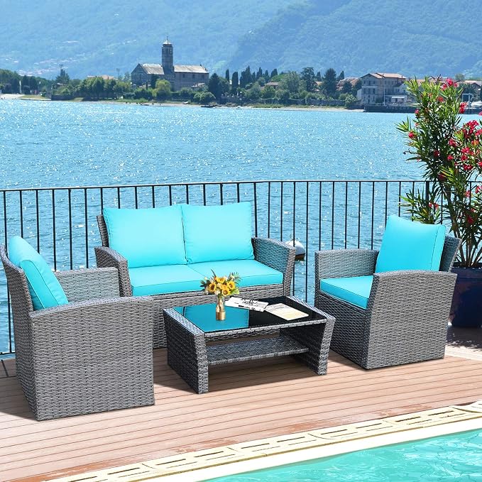 RELAX4LIFE 4-Piece Patio Conversation Seat - Wicker Sofa Set w/Seat & Back Cushions, Coffee Table w/Tempered Glass Tabletop, Outdoor Rattan Sofa Set for Backyard, Porch (Turquoise)