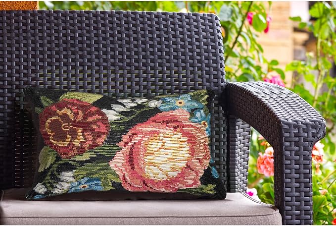 Liora Manne MARINA Indoor/Outdoor Power Loomed Easy Care Pillow - Traditional Graphic Botanical Floral Accent (Secret Garden Black) (12" x 18")