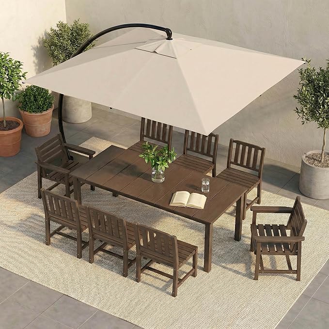 HDPE Outdoor Dining Set for 8, 9-Piece Outdoor Dining Table Set with 11FT Cantilever Umbrella, Patio Table and Chairs Set with Aluminum Frame & Legs (Brown)