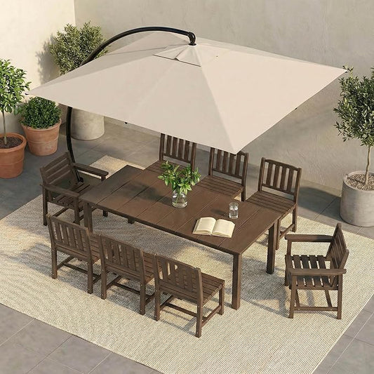 HDPE Outdoor Dining Set for 8, 9-Piece Outdoor Dining Table Set with 11FT Cantilever Umbrella, Patio Table and Chairs Set with Aluminum Frame & Legs (Brown)