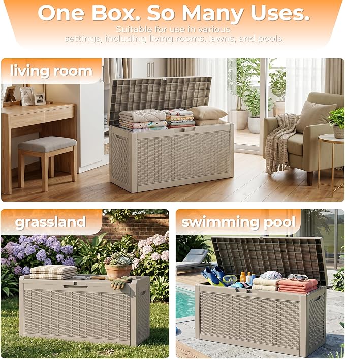 70 Gallon Weather Resistant Resin Storage Bench, Lockable Outdoor Deck Storage Box, Multi-Purpose Patio Container for Garden Tools, Pool & Picnic Accessories, Indoor Outdoor Use,Grey