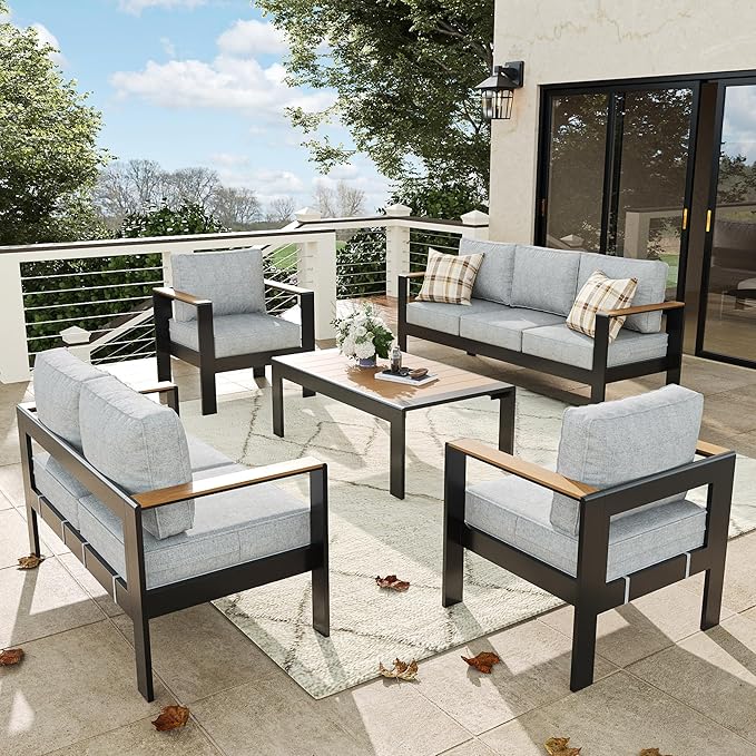 5 Pieces Aluminum Outdoor Patio Furniture Set with Coffee Table, Outside Metal Patio Conversation Sets with Deep Seating and Thick Cushions