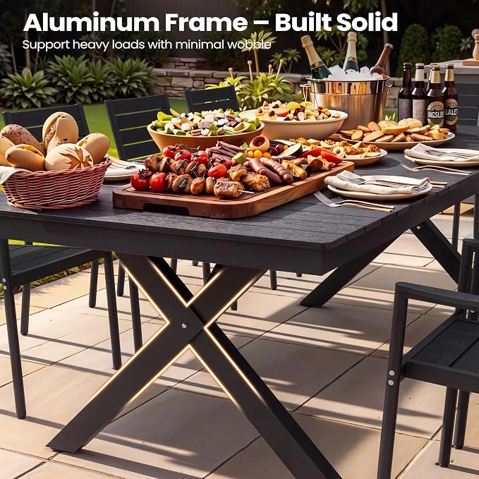 Pellebant 94" Outdoor Dining Table with LED Lights, 8-10 Person Aluminum Patio Table with Umbrella Hole, Sturdy Frame & 8ft Wood Grain Tabletop for Deck, Porch, Backyard