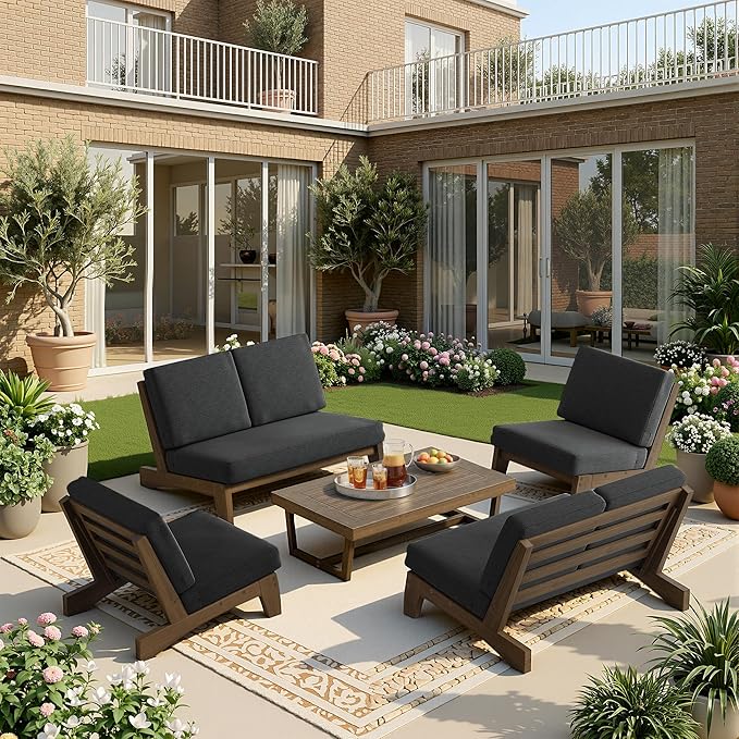 UIXE 7 Pieces All Weather Wood Patio Furniture Sets, 2 Patio Loveseat, 4 Patio Bistro Chair, Outdoor Sectional Sofa Furniture Backyard Conversation Set with Coffee Table - Dark Gray