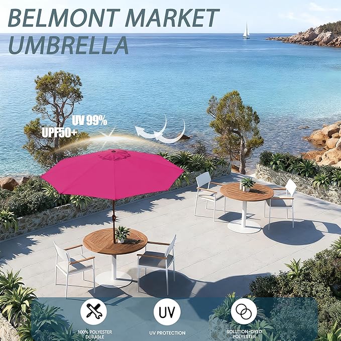 9FT Large Outdoor Patio Umbrella Pool Market Umbrella-UV Resistant, Easy Push Button Tilt and Crank, 8 Sturdy Ribs Heavy-Duty Table Umbrella for Deck, Backyard, Garden (Pink)